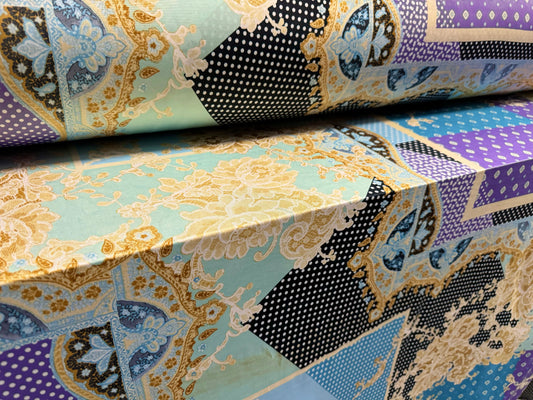 Soft touch stretch spandex single jersey fabric, per metre - spotty paisley patchwork - blue purple & gold