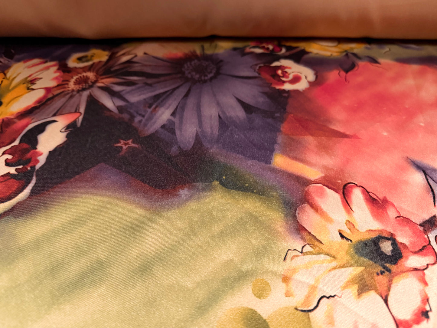 Stretch sateen woven fashion fabric, per metre - floral print - purple pink & light brown