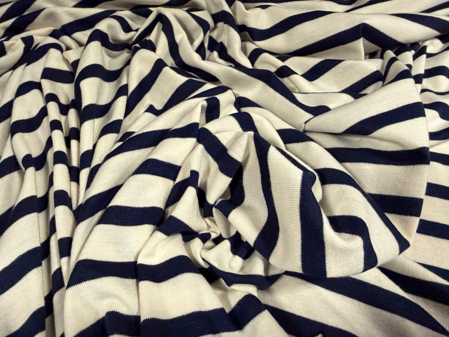 Viscose spandex stretch single jersey fabric, per metre - stripe - cream & dark navy