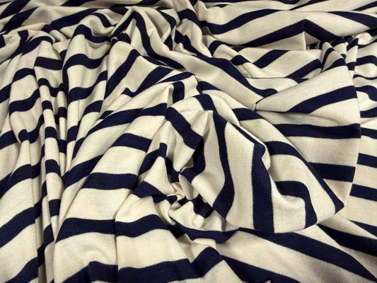 Viscose spandex stretch single jersey fabric, per metre - stripe - cream & dark navy