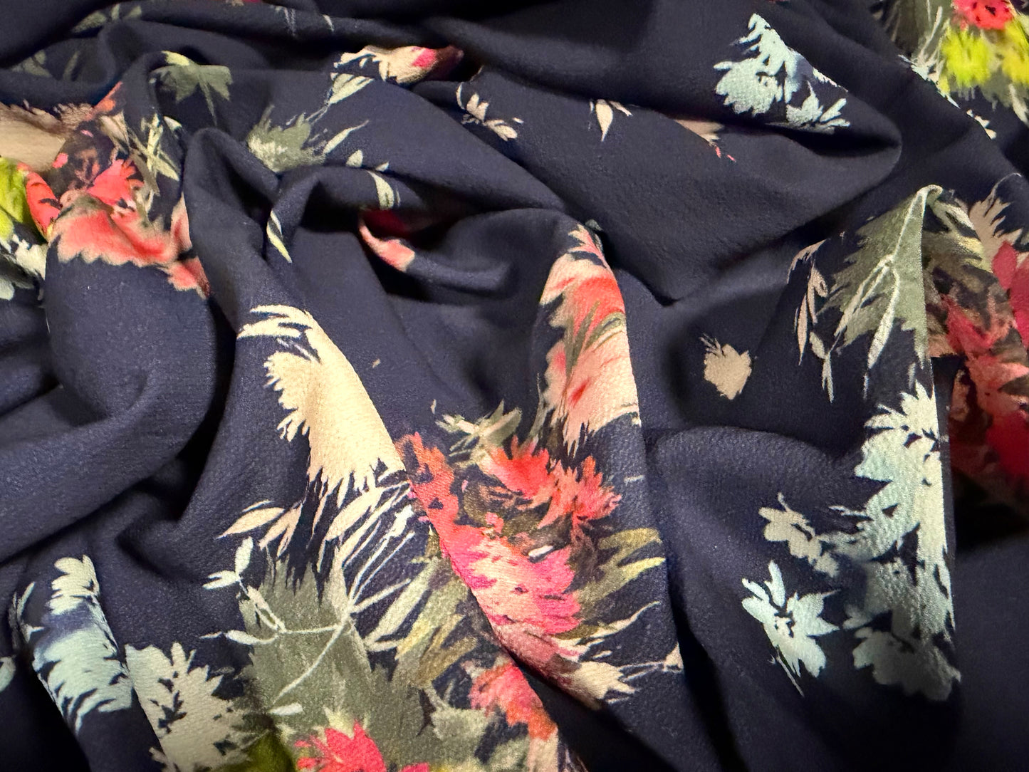 Stretch spandex crepe woven dress fabric, per metre - floral print - navy blue