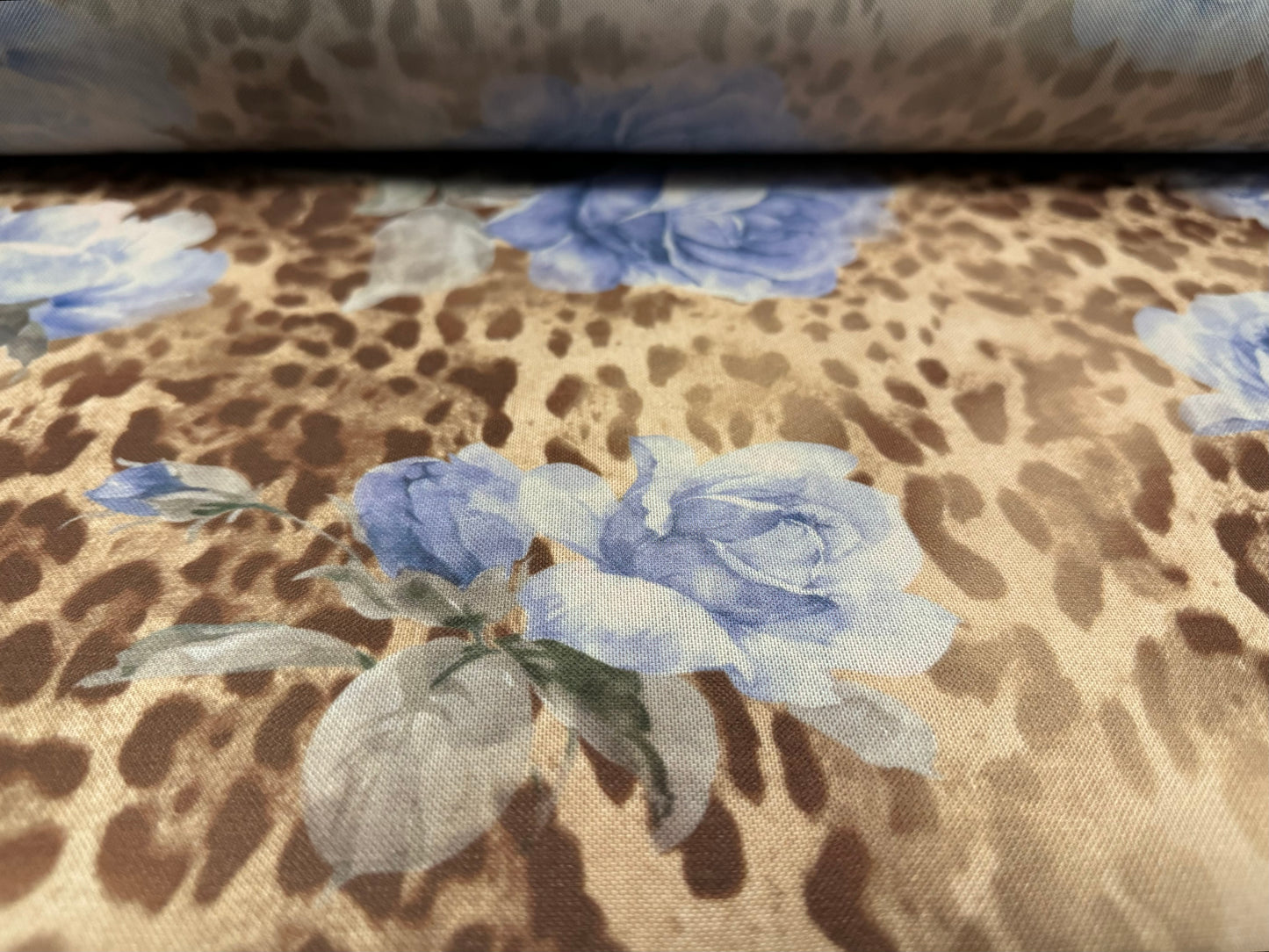 Power mesh net stretch spandex fabric, per metre - roses on leopard skin print - blue beige & brown