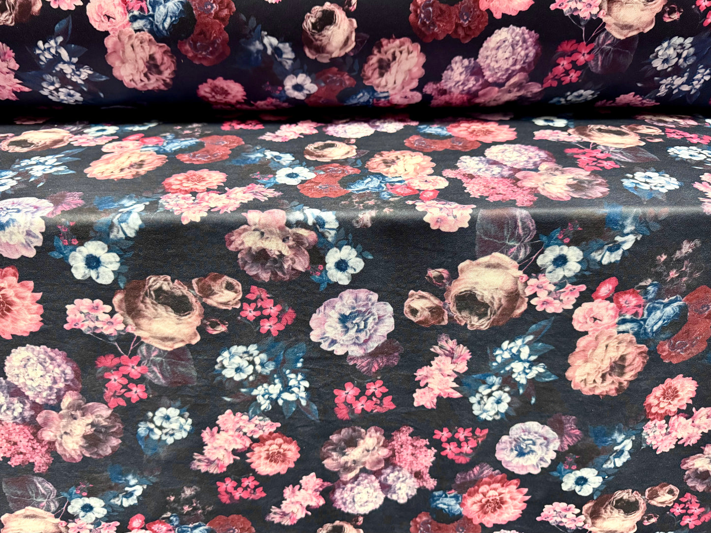 Double jersey upholstery fabric, per metre - rose print - navy & pink