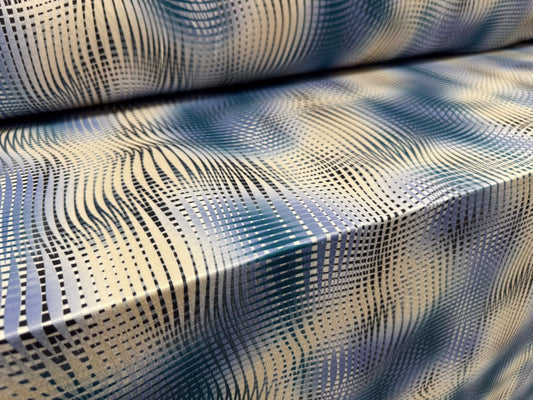 Soft handle stretch single jersey fashion fabric, per metre - psychedelic print - blue & cream