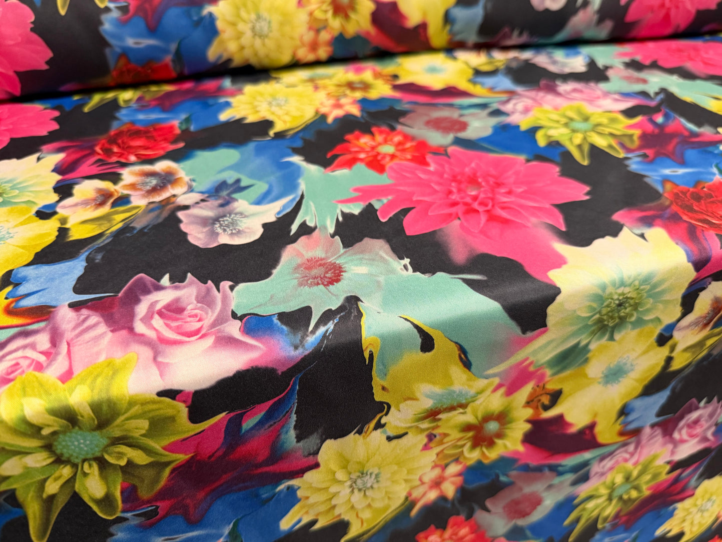 Pongee woven dress fabric, per metre - painterly floral print - multicolour