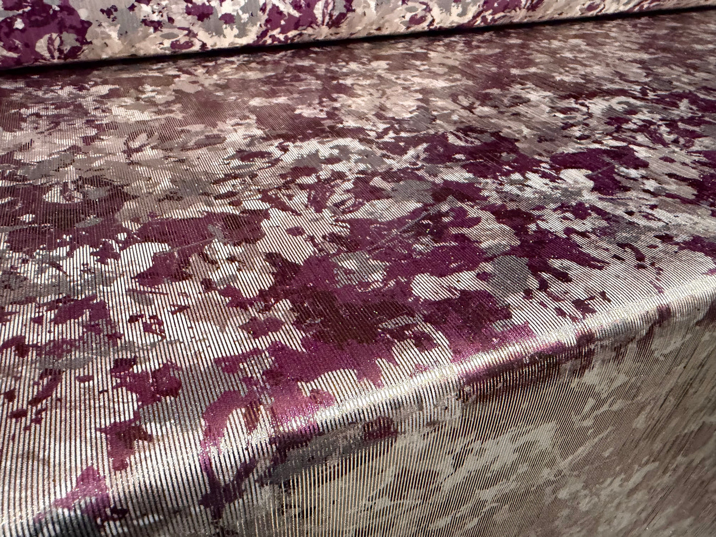 Metallic satin dress fabric, per metre - floral print - plum & silver
