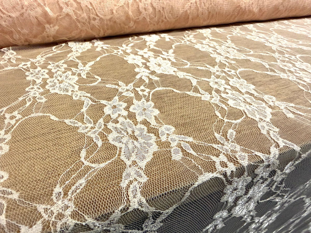 Stretch spandex mesh lace net fabric, per metre - floral - soft pink