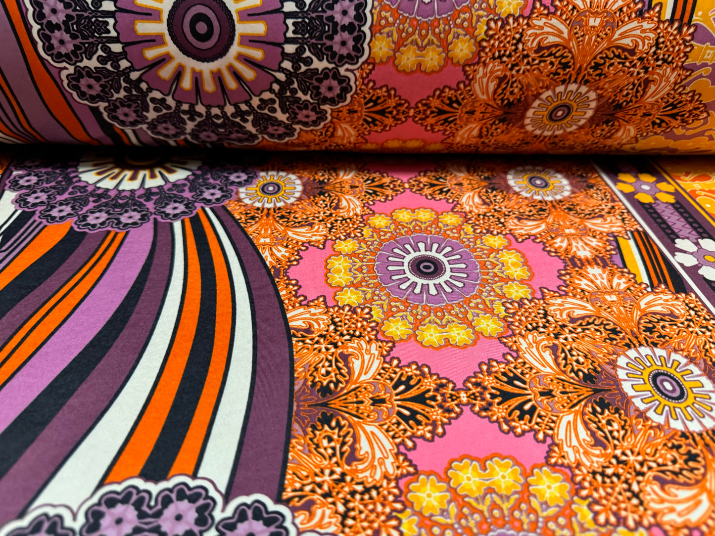 Soft touch stretch spandex single jersey fabric, per metre - retro floral print - orange & purple