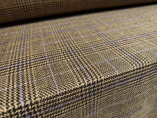 Wool tweed fabric, per metre - dogtooth check - light brown & lilac