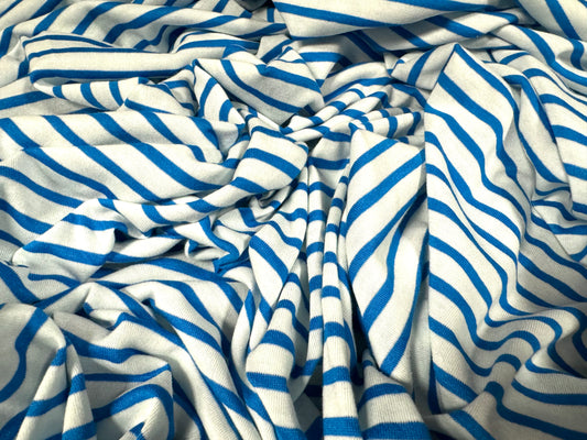 Viscose spandex stretch single jersey fabric, per metre - Breton stripe - bright blue & white