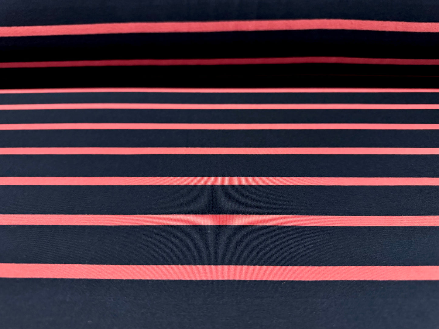 Viscose spandex stretch single jersey fabric, per metre - Bengal stripe - navy blue & pink