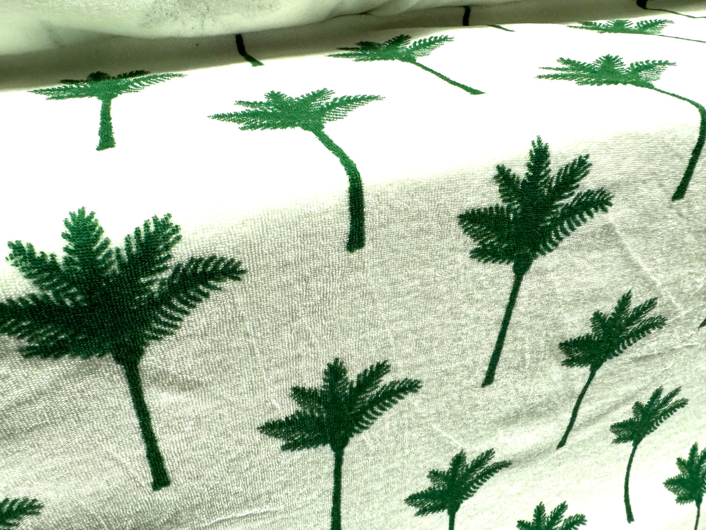 Cotton close cropped terry towelling fabric, per metre - palm trees print - white & green