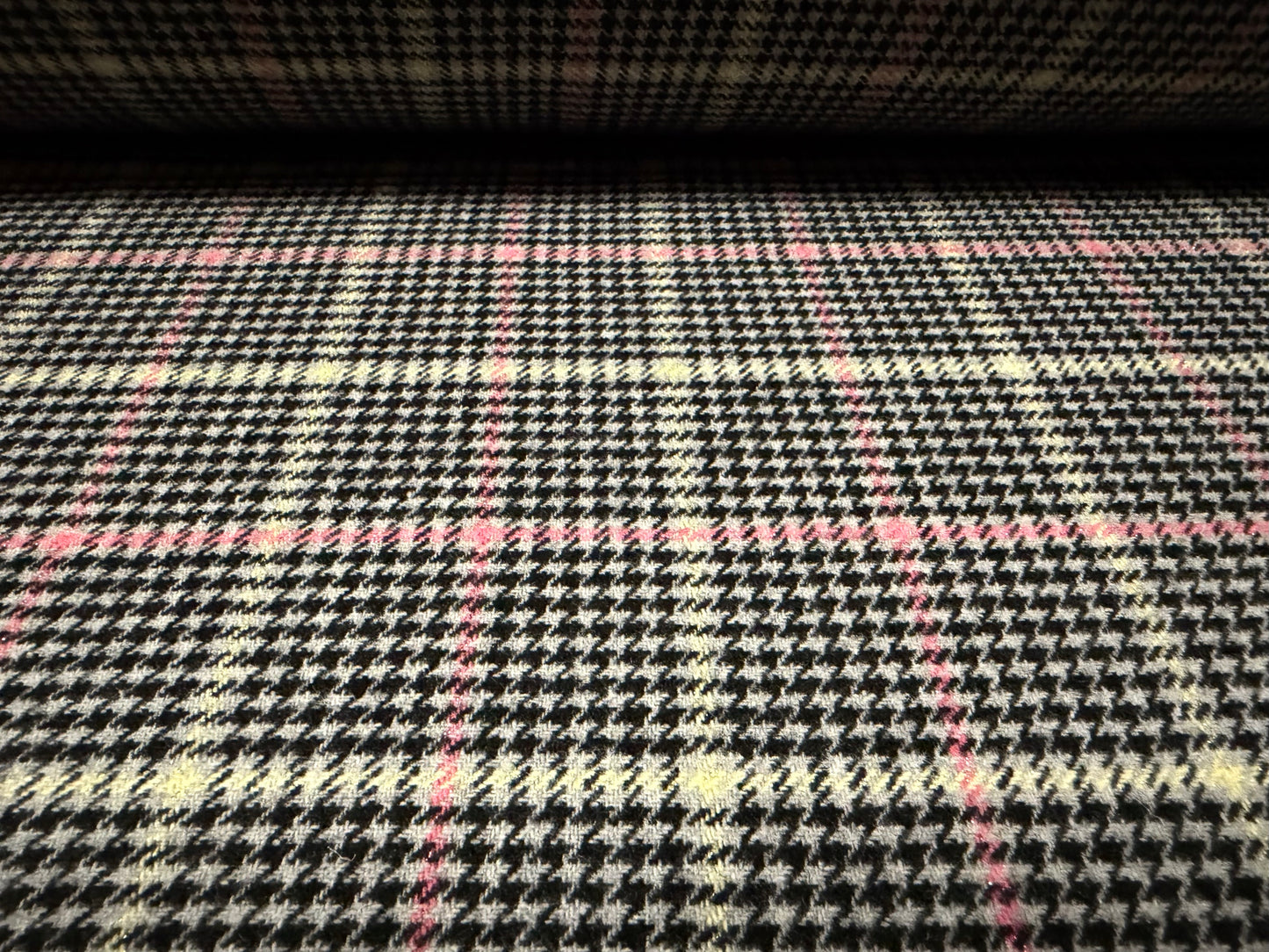 Metallic wool flannel fabric, per metre - dogtooth check with lurex - black lemon & pink