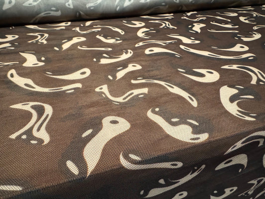 Power mesh net stretch spandex fabric, per metre - Yin & Yang print - brown