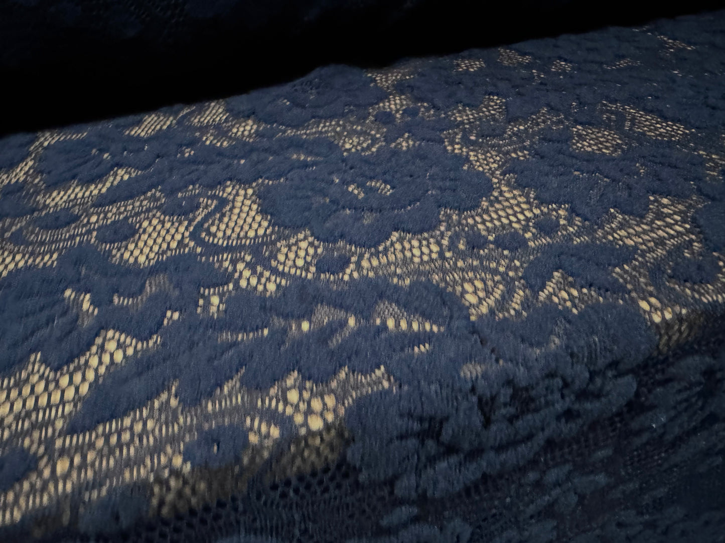 Flocked lace dress fabric, per metre - flowers & leaves - dark navy blue