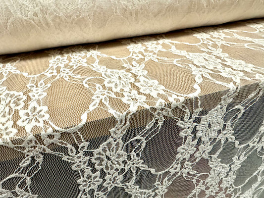 Stretch spandex mesh lace net fabric, per metre - floral - Alpine white