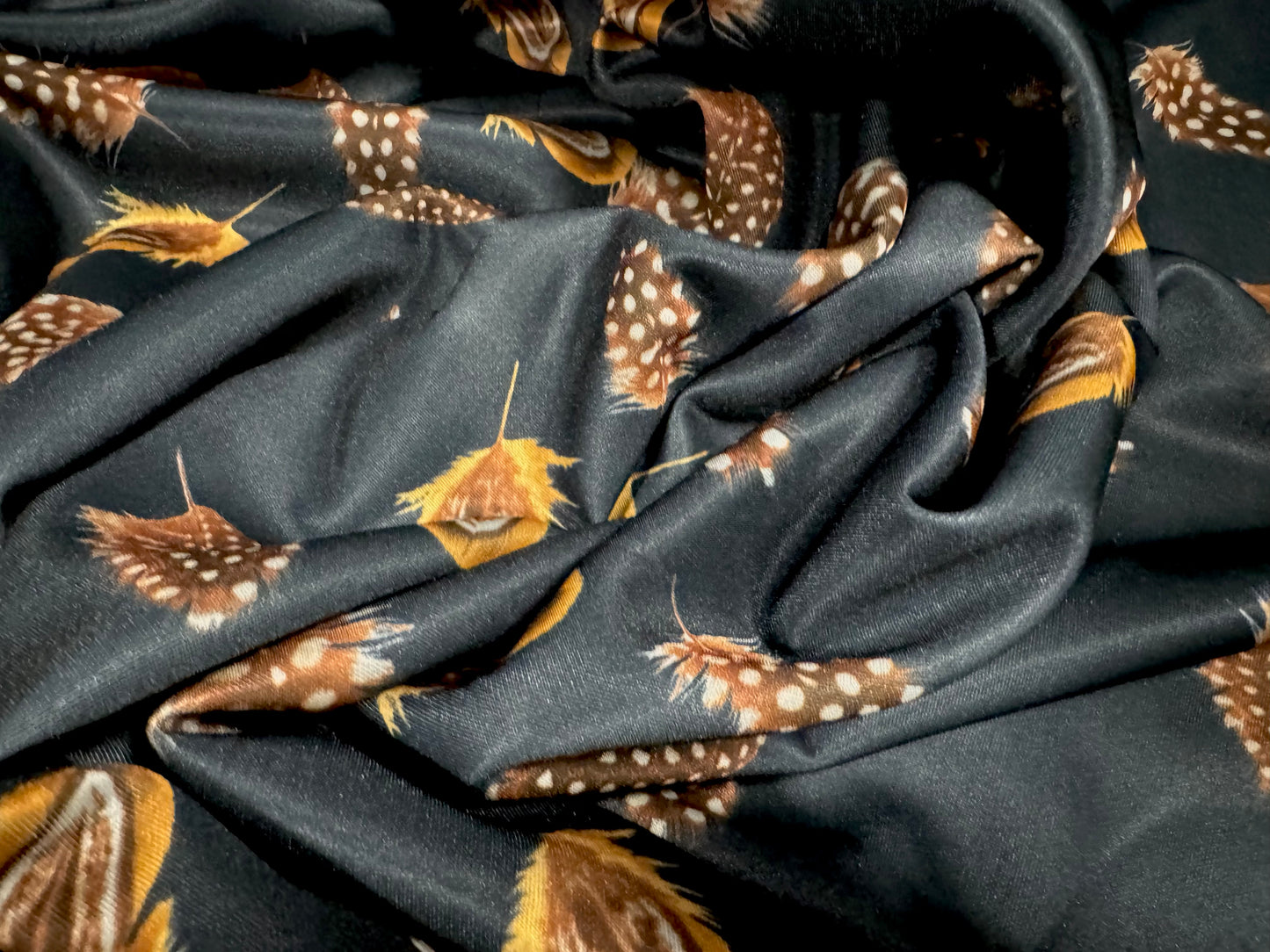 Scuba stretch double jersey fashion fabric, per metre - feather print - black & brown