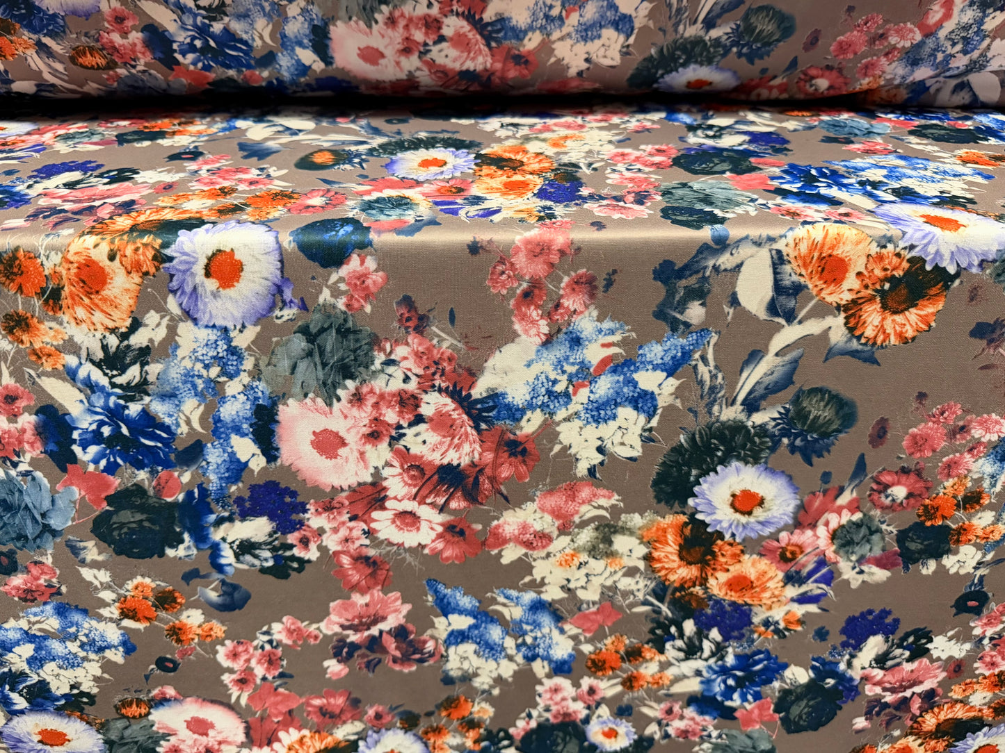Scuba stretch spandex double jersey fabric, per metre - floral print - mink & cobalt blue