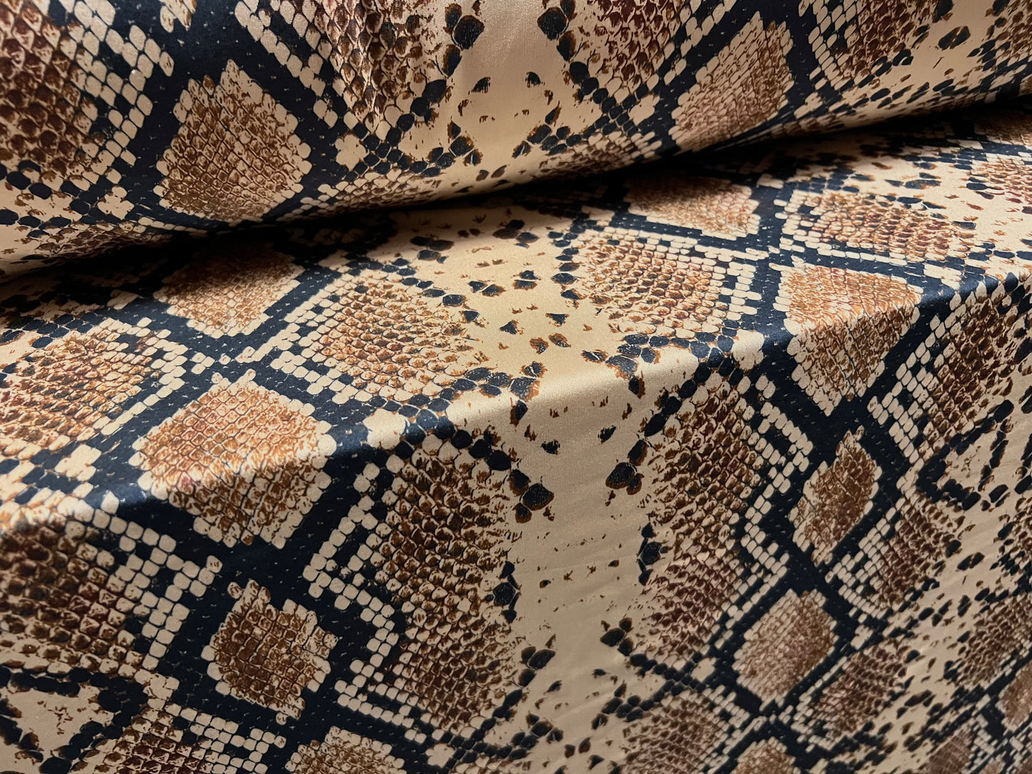 Swimwear stretch spandex jersey fabric, per metre - snakeskin animal print - brown & stone