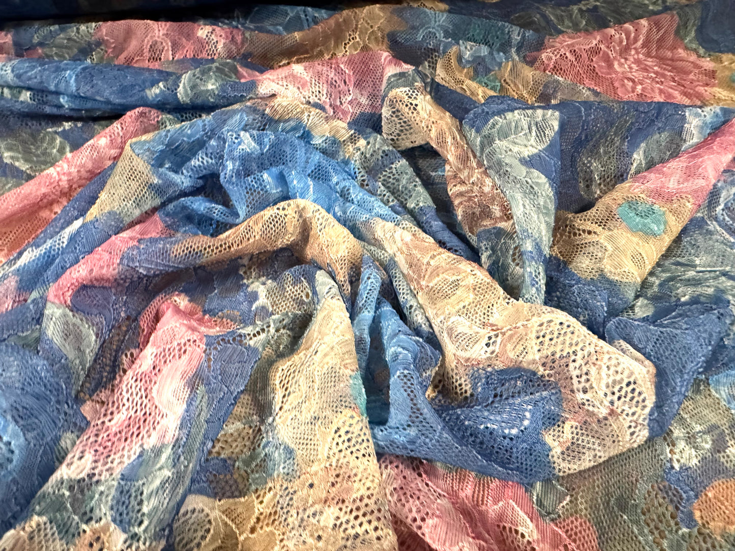 Stretch spandex lace fabric, per metre - carnation bouquet print - blue pink & beige