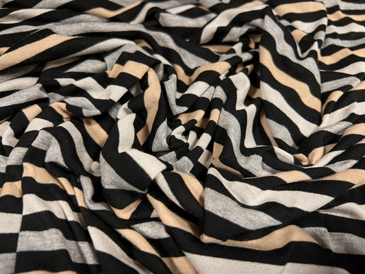 Stretch viscose blend single jersey fabric, per metre - stripe - black cream & grey marl