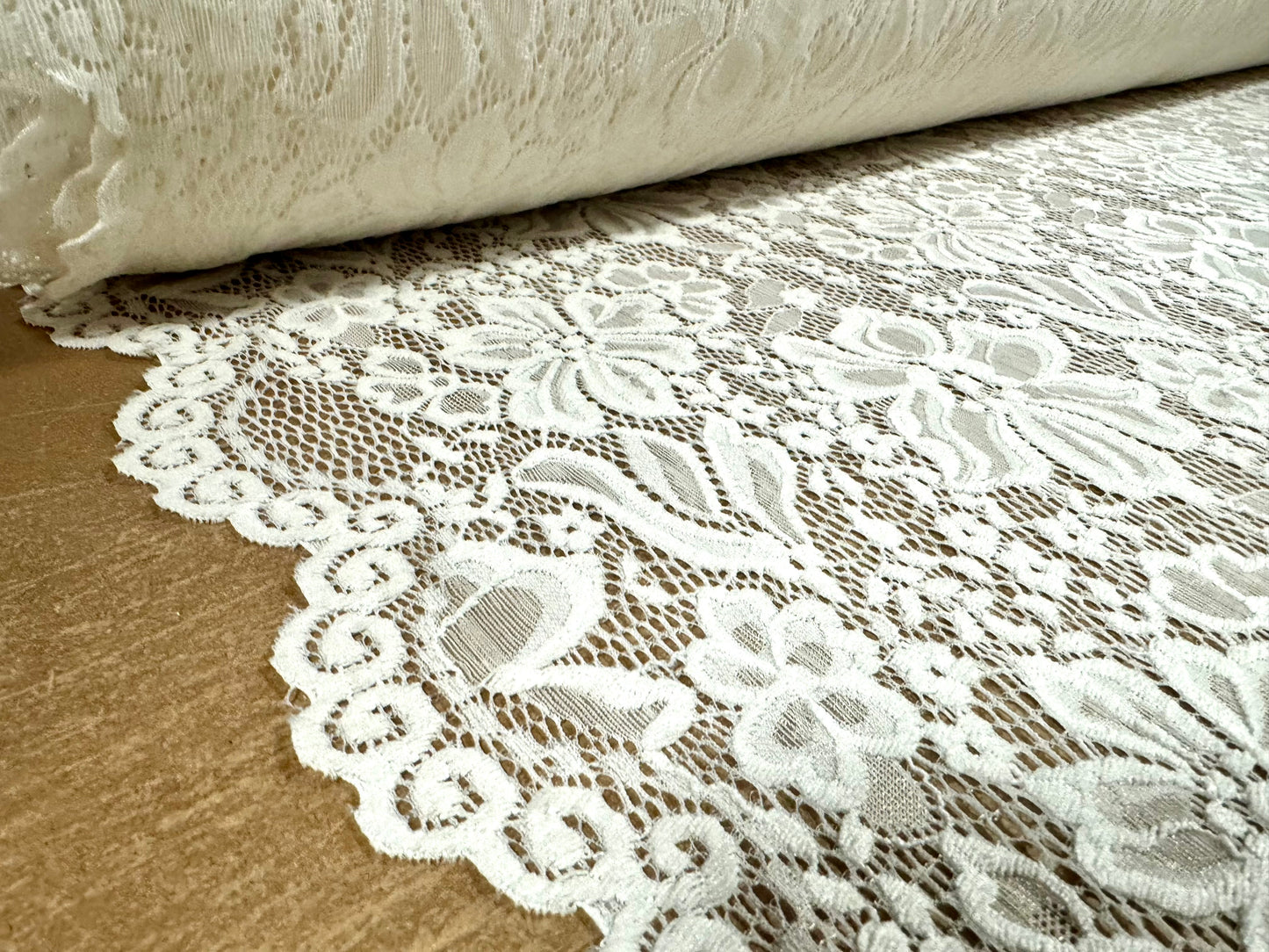 Soft stretch lace dress fabric, per metre - scalloped selvedge - floral - cream