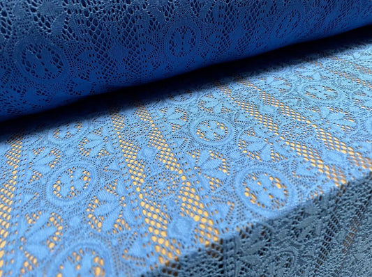 Soft handle crochet lace knit fabric, per metre - blue