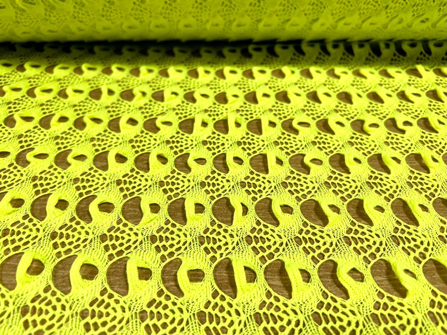 Crochet knit lace jersey dress fabric, per metre - fluorescent yellow