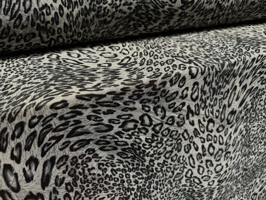 Metallic power mesh net sheer stretch spandex fabric, per metre - stylised leopard print - grey & silver