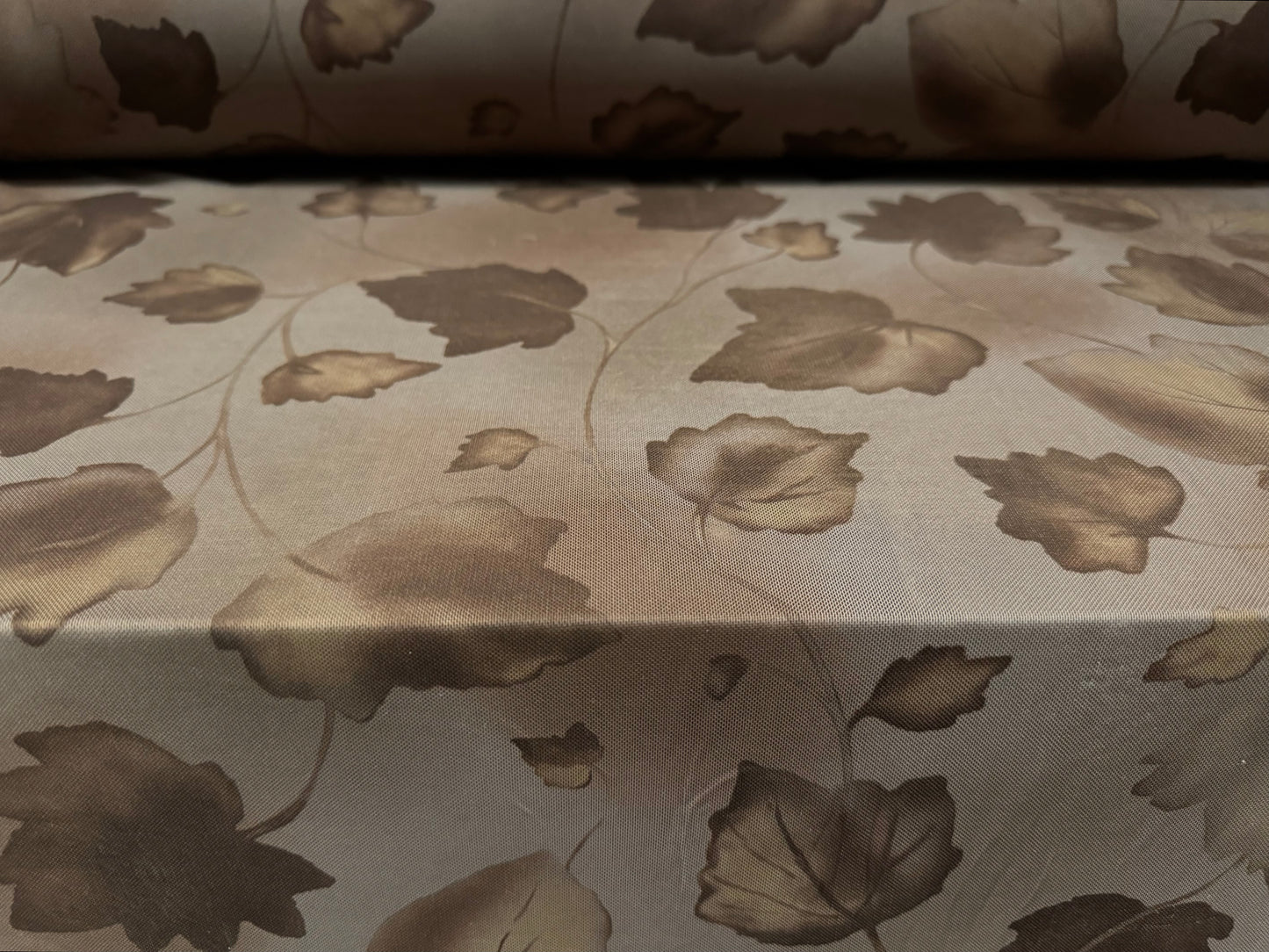 Power mesh net stretch spandex fabric, per metre - Autumn leaves print - taupe