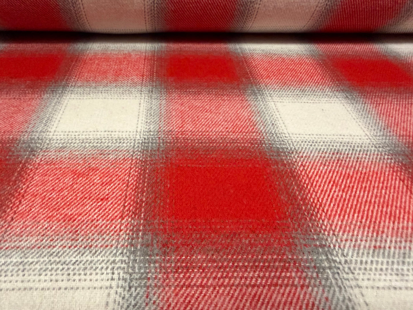 Wool flannel fabric, per metre - tartan check - red grey & white