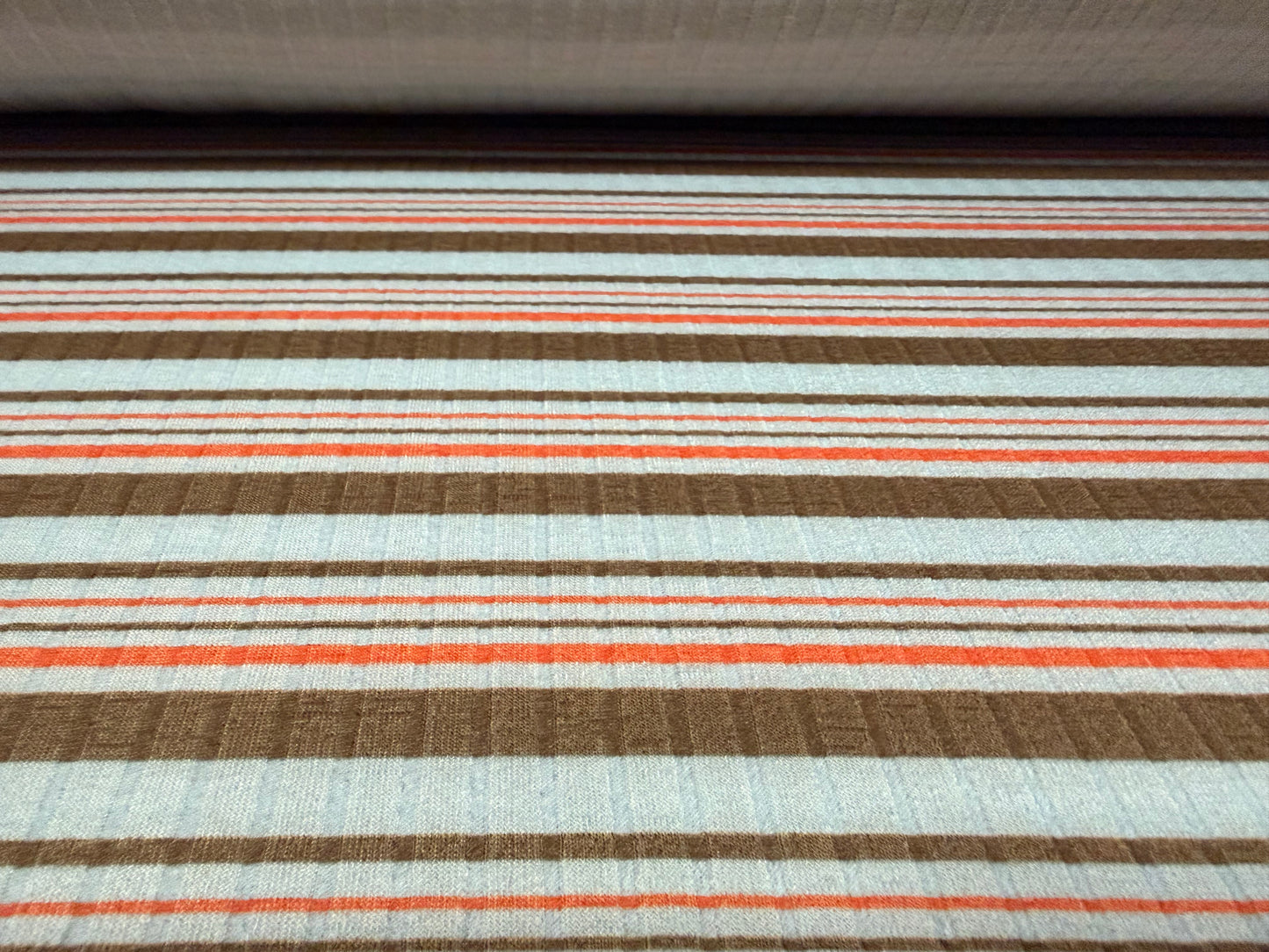 Stretch Spandex rib jersey fabric, per metre - stripe - sky blue brown & orange