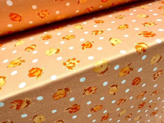 Stretch spandex interlock jersey fabric, per metre - rosebuds & polka dots print - dirty peach