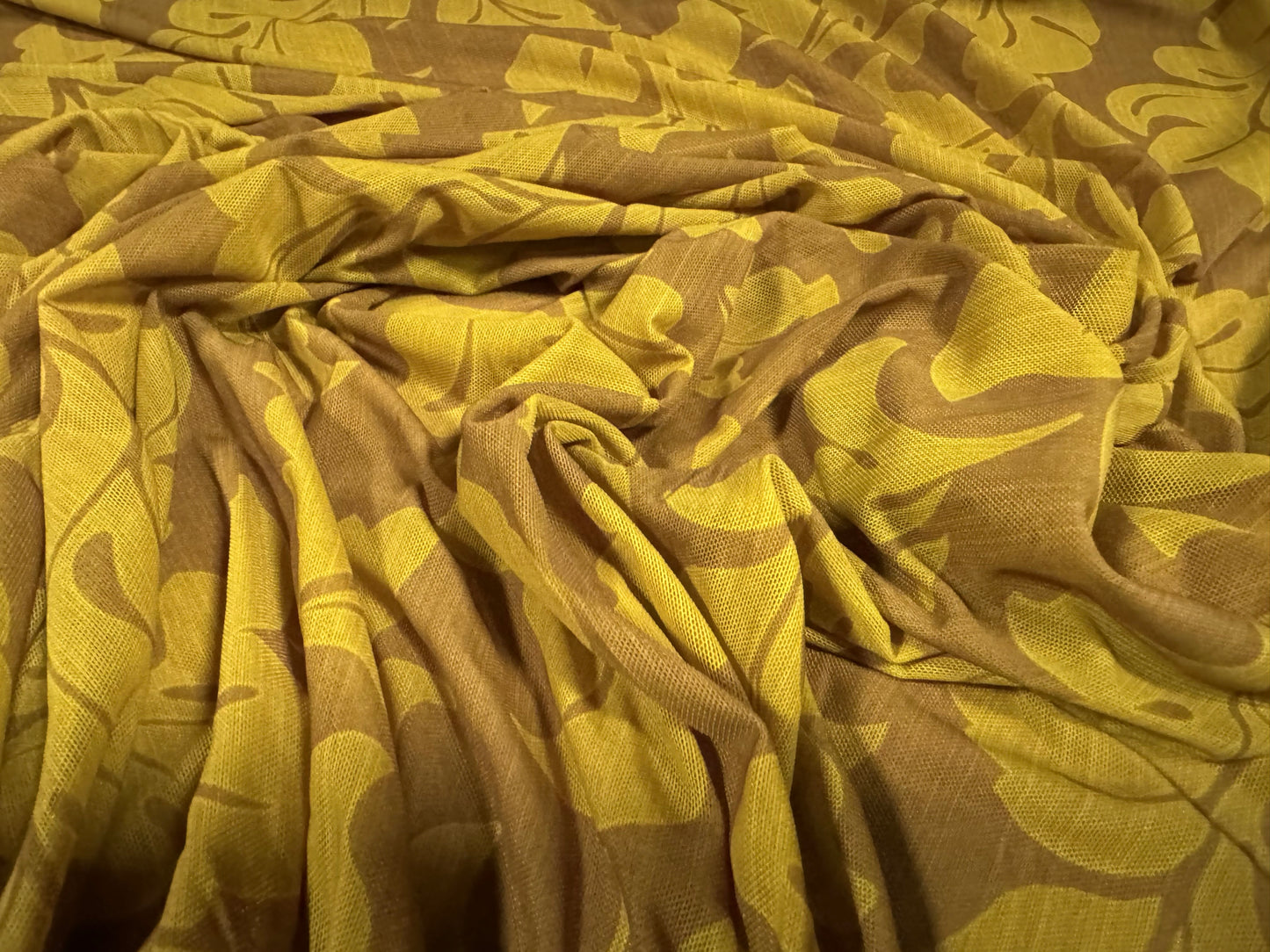 Power mesh net stretch spandex fabric, per metre - damask print - chartreuse & mustard