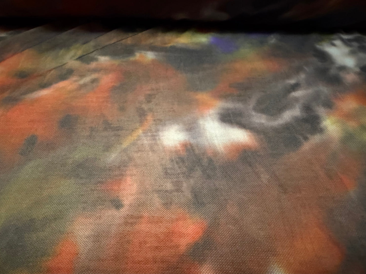 Power mesh net stretch spandex fabric, per metre - moody abstract print - rust & purple