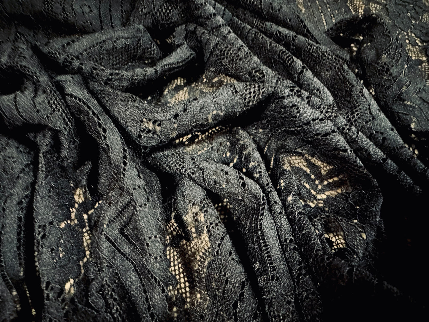 Stretch lace dress fabric, per metre - scalloped selvedge - floral wave - black