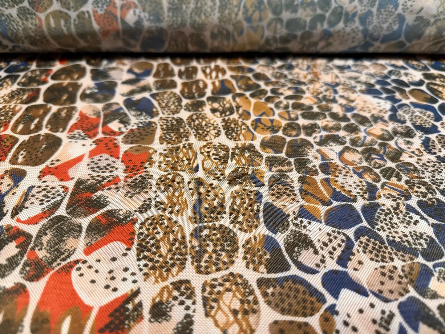 Power mesh net stretch spandex fabric, per metre - stylised crocodile print - cream olive & blue