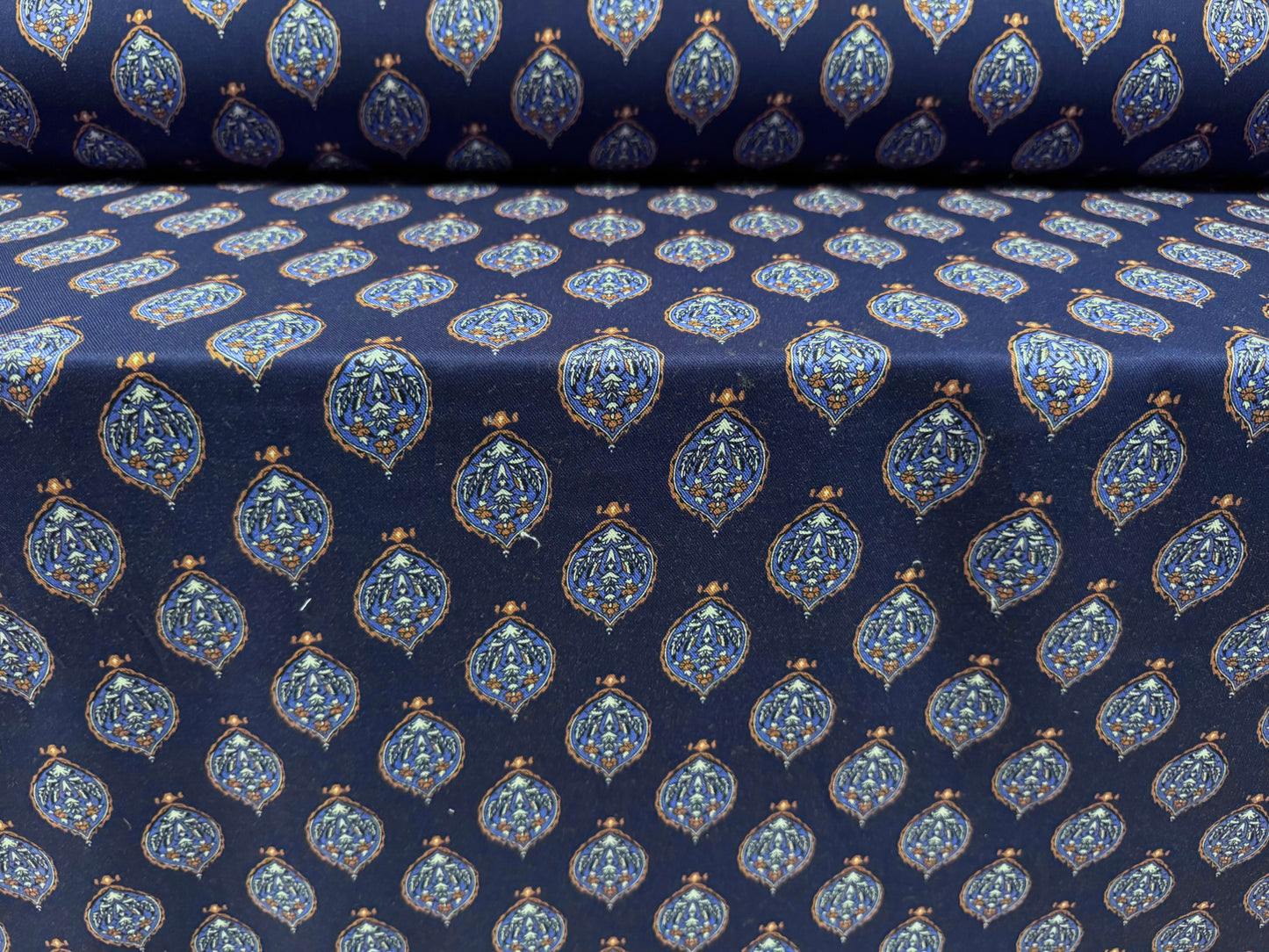 Marocain woven viscose dress fabric, per metre - Arabesque print - navy blue