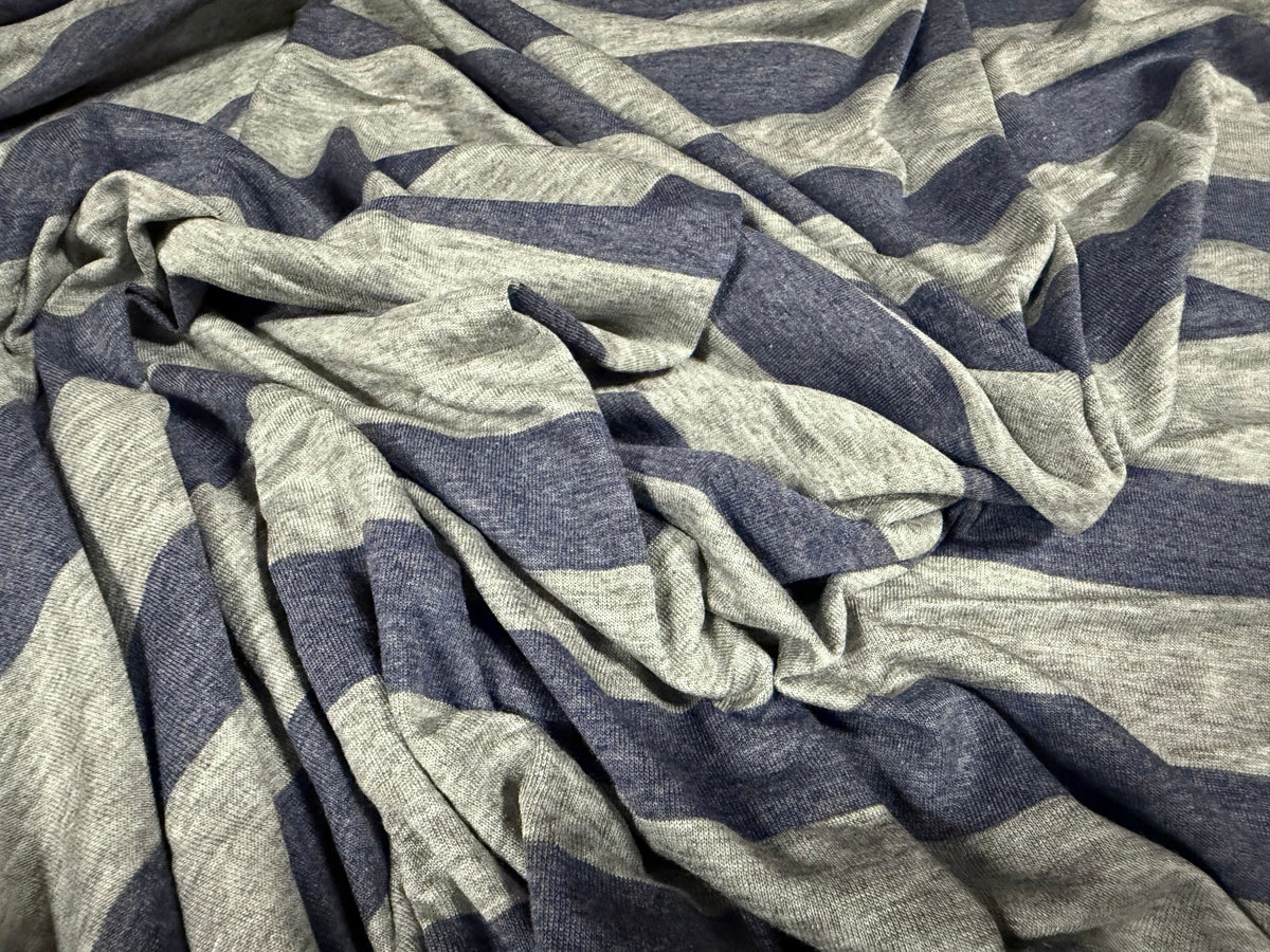 Viscose blend single jersey fabric, per metre - stripe - grey marl & denim blue