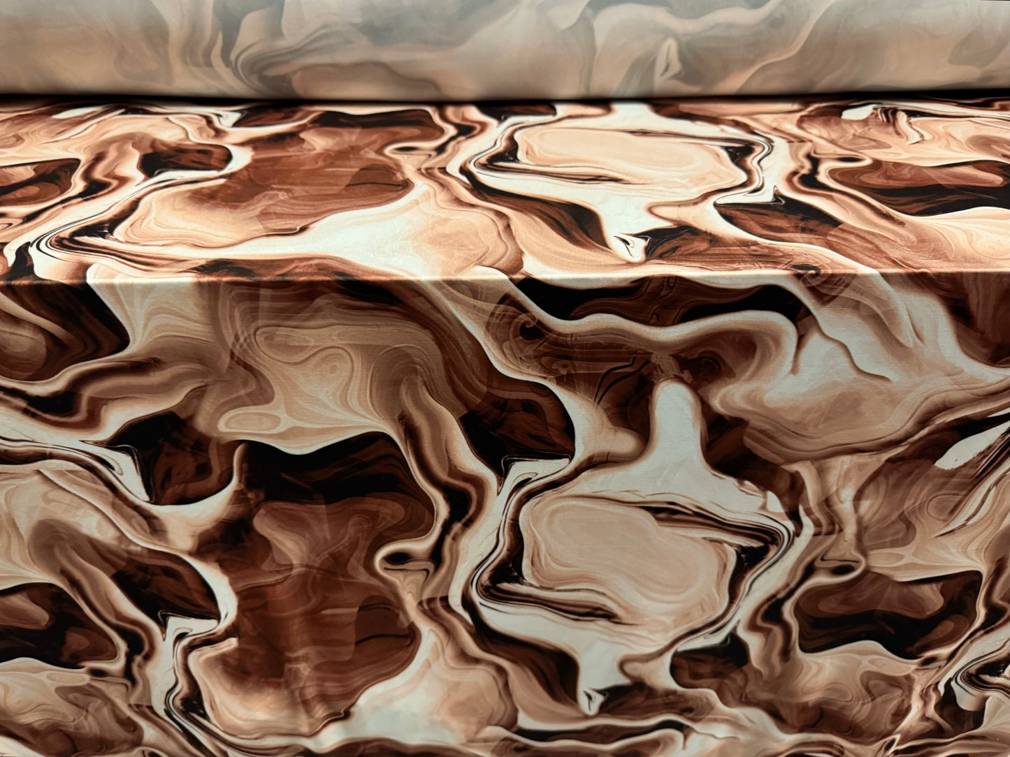 Soft touch stretch spandex jersey fabric, per metre - marbled print - brown
