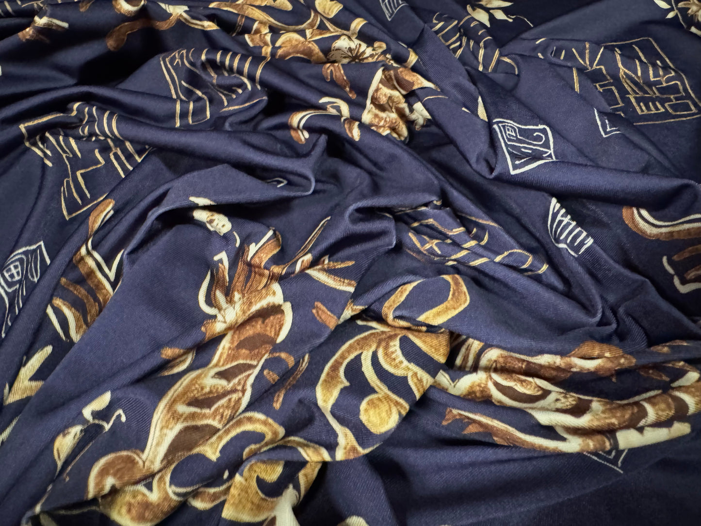 Soft touch stretch spandex single jersey fabric, per metre - Dragons print - navy & gold