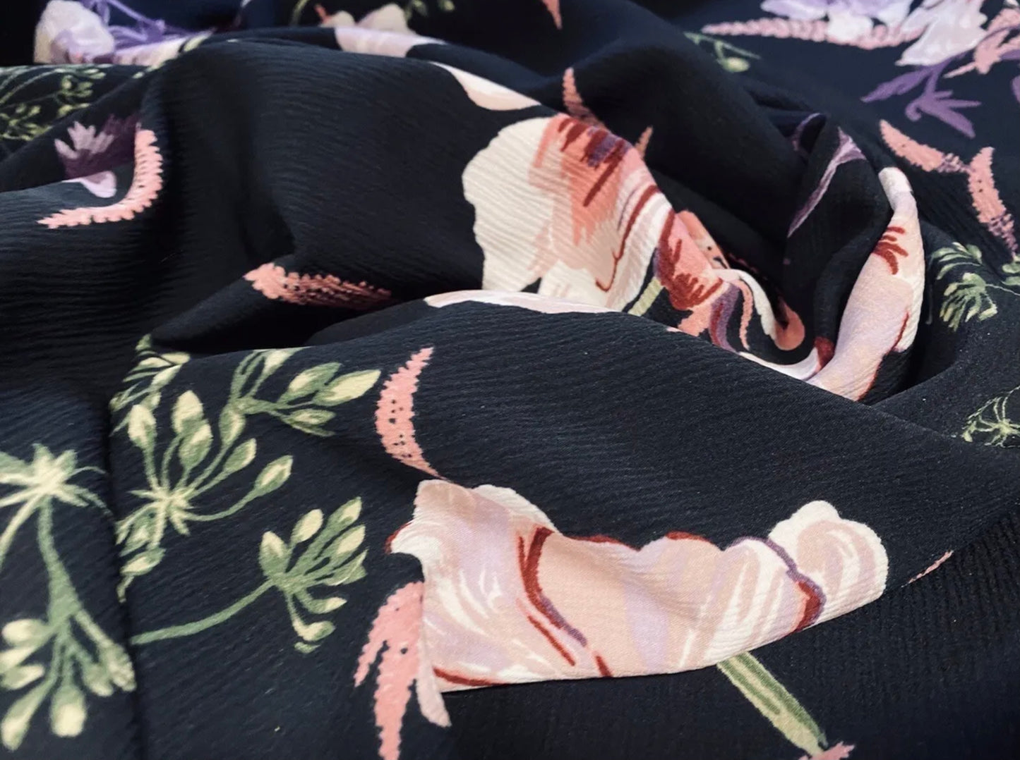 Stretch crepe woven dress fabric, per metre - floral print - black & pink