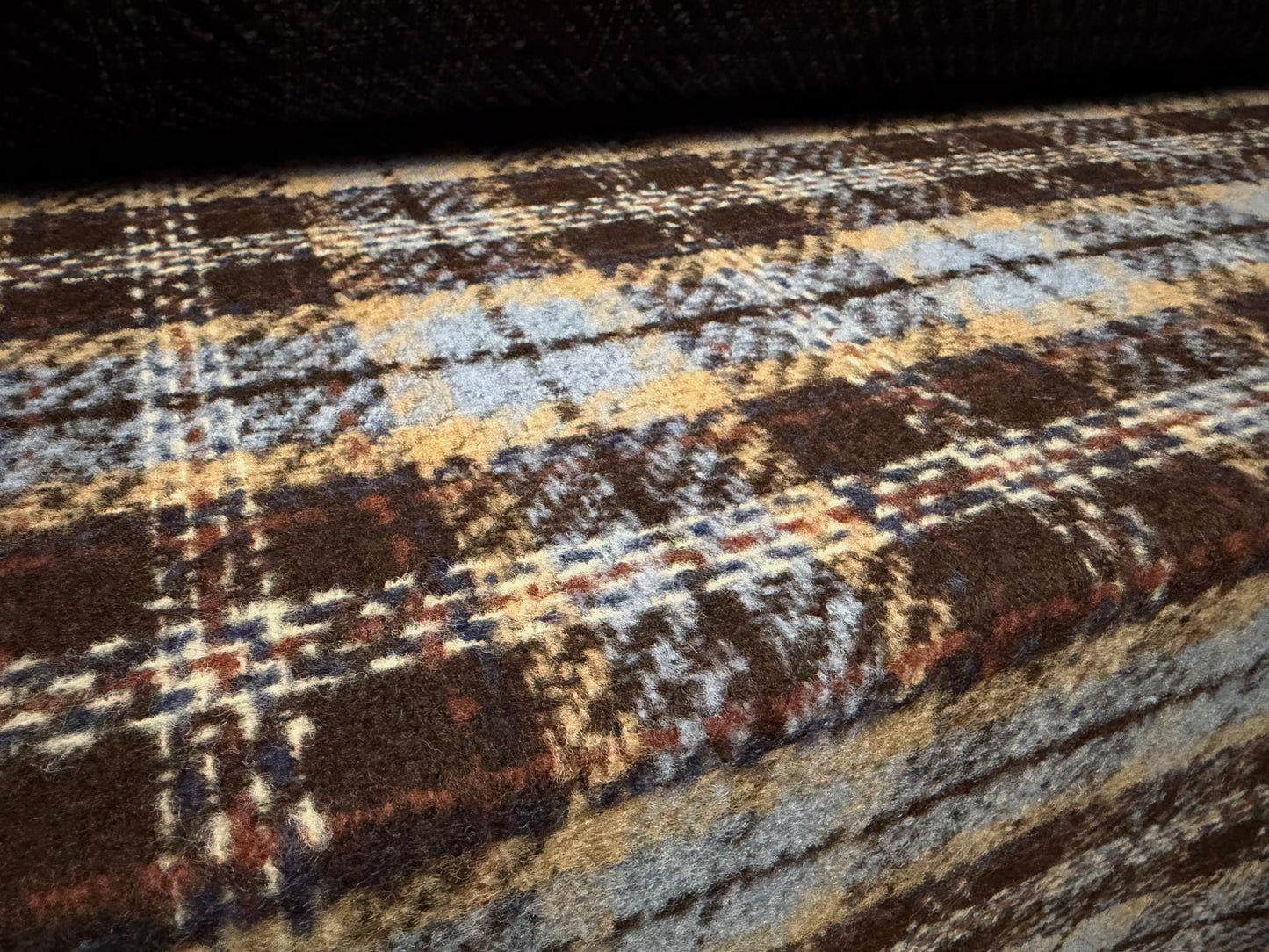 Brushed wool bouclé fabric, per metre - check - brown & sky blue