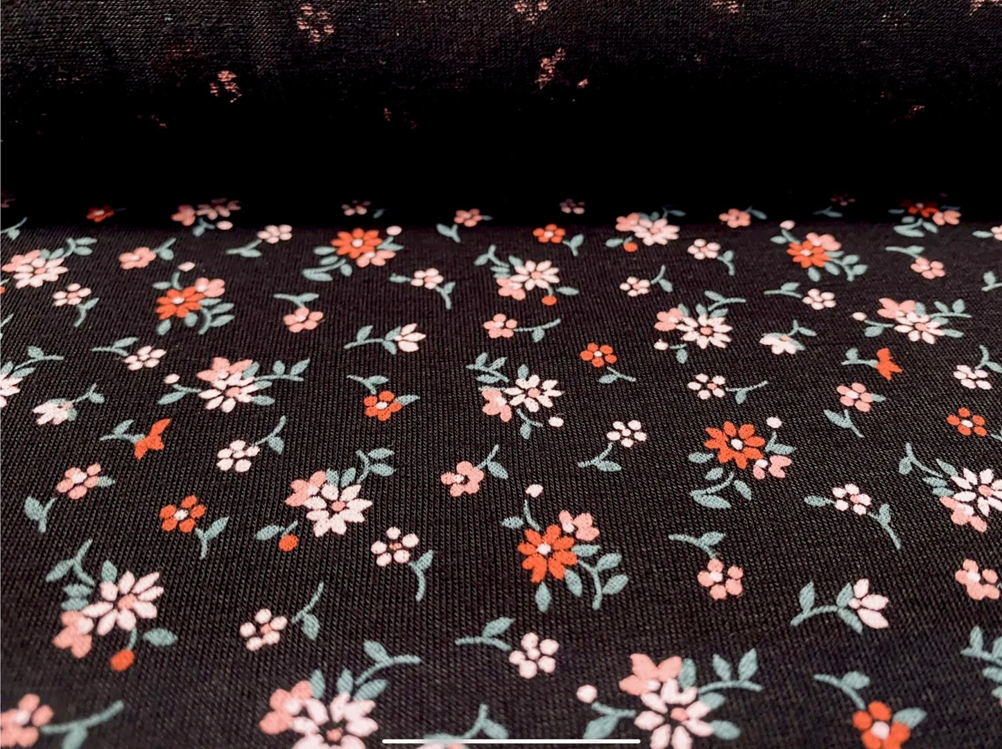 Viscose spandex stretch single jersey fabric, per metre - ditsy print - black with multicolour flowers