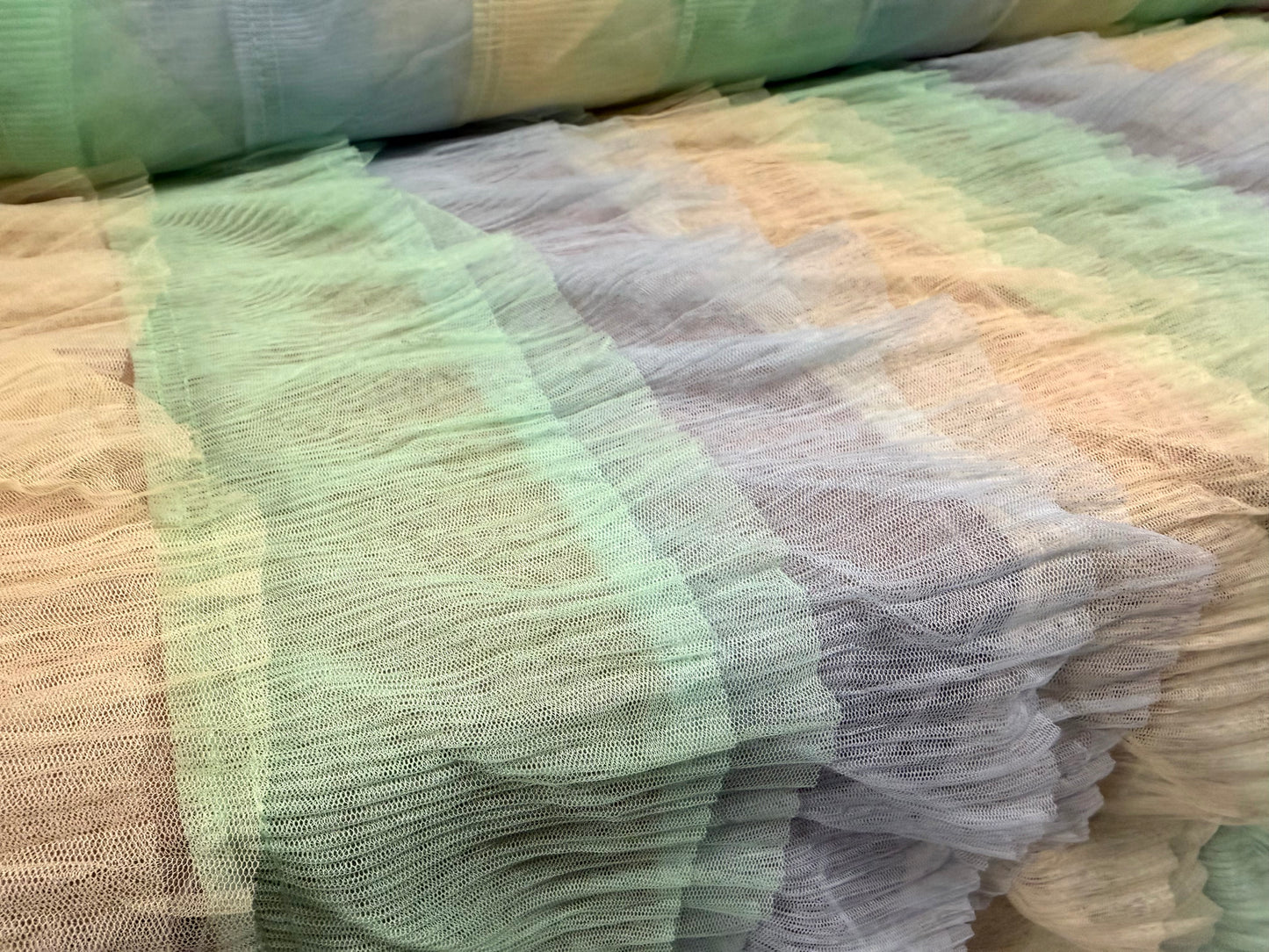 Layered tulle mesh net fabric, per metre - stripe - green, lemon & sky blue