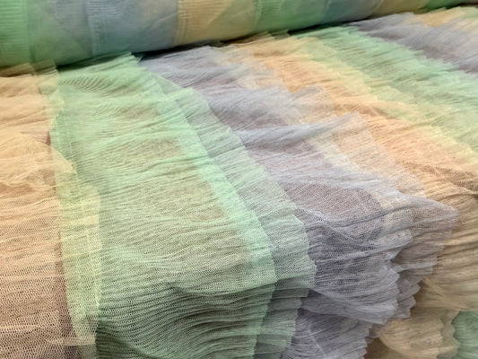 Layered tulle mesh net fabric, per metre - stripe - green, lemon & sky blue