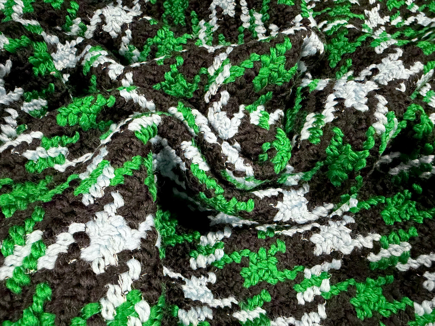 Heavyweight wool bouclé fabric, per metre - houndstooth check - emerald green sky blue & black