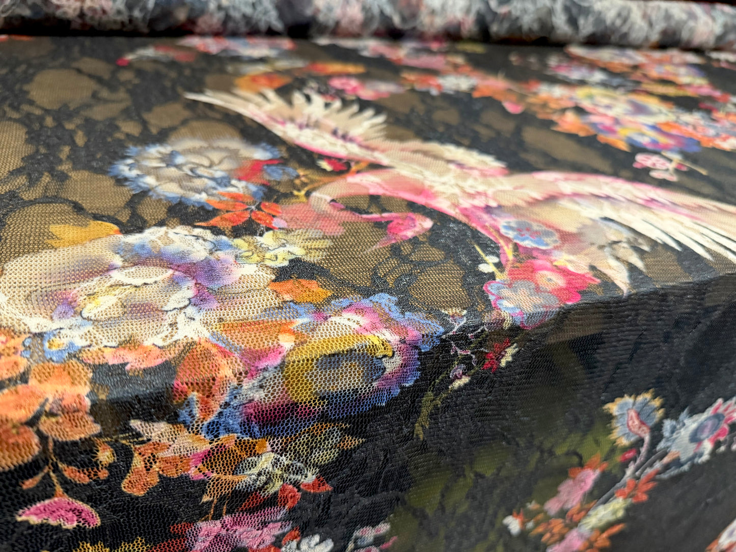 Stretch spandex mesh lace fabric, per metre - Chinoiserie print - black