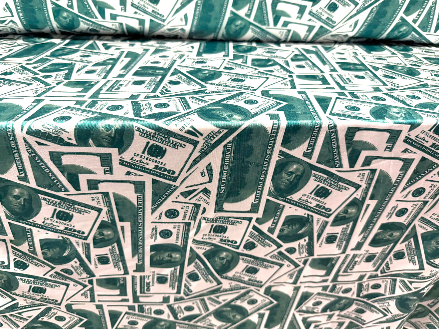 Stretch spandex single jersey fashion fabric, per metre - Dollar Bill print - bottle green & white