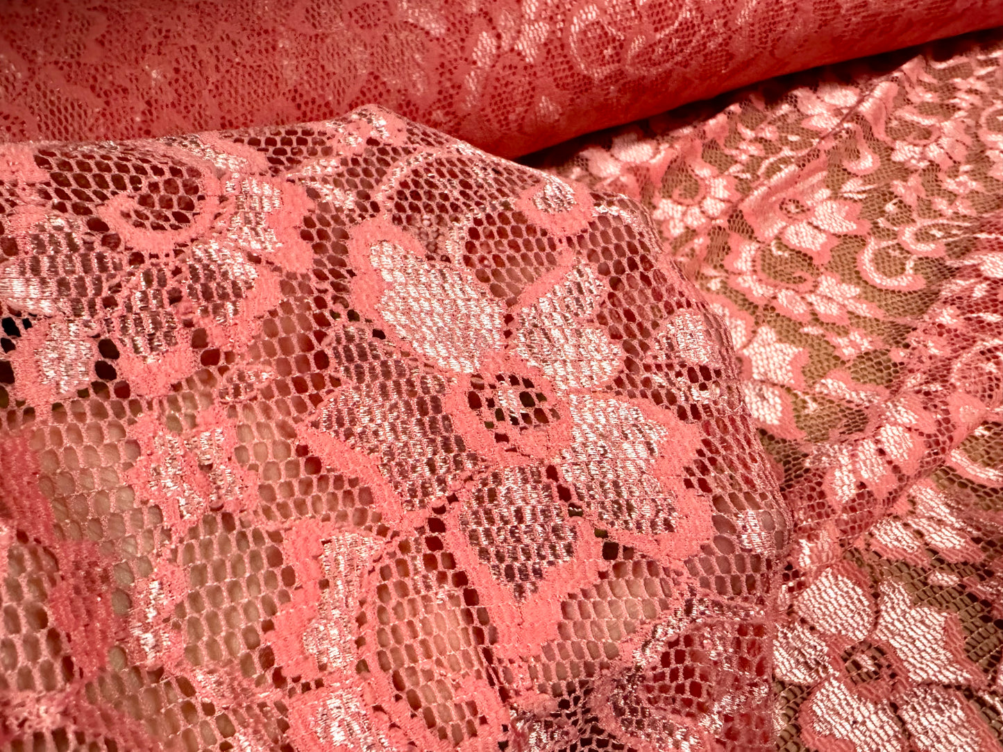 Stretch spandex lace dress fabric with scalloped selvedge, per metre - floral - flamingo pink